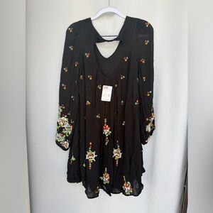 NWT Free People Black Gauze Tunic dress with Colorful Floral Embroidery